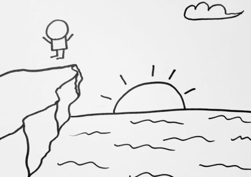 The sun is setting behind a large body of water. There is also a cloud, a cliff, and a jumping stick figure.