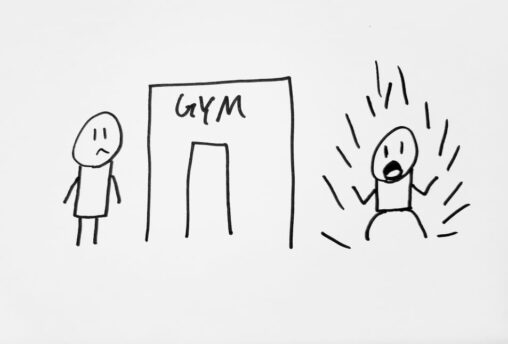 There are two stick figures and a gym. One stick figure is sad the other is energized.