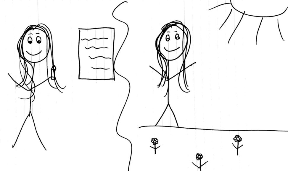 The stick figure is finding a balance between being productive with school work and being able to go be productive in helping her mental well-being.