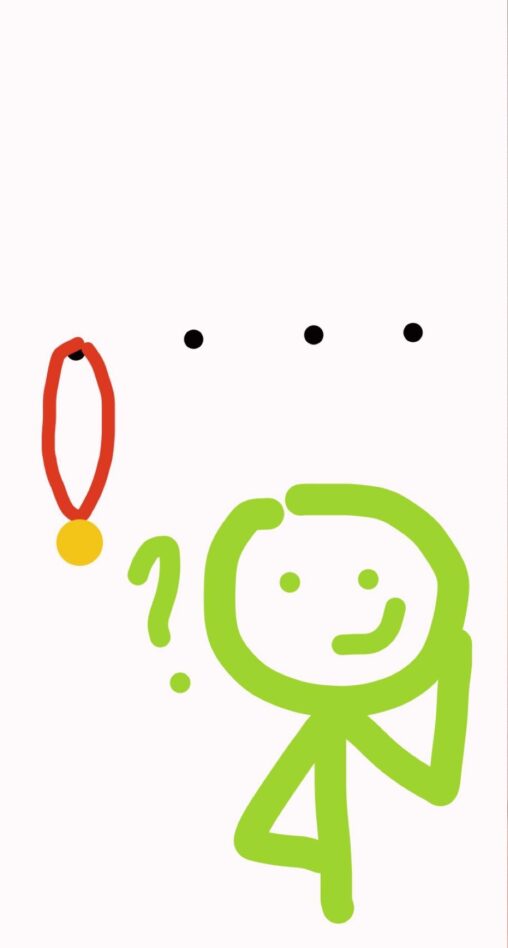a content stick figure standing next to a single medal with empty medal hooks next to them as well as a question mark