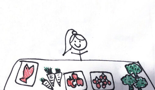 Stick figure girl just coming back from the grocery store and displaying the food she bought.