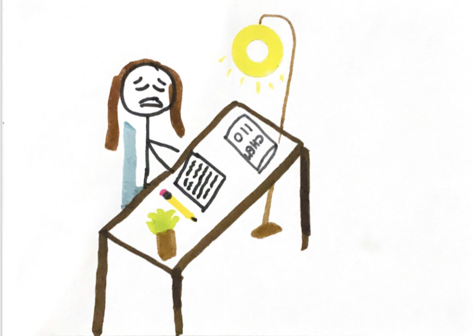 There is a girl sitting at a desk. The desk has a chemistry textbook, pencil, plant and piece of paper on it. There is also a lamp beside the desk.