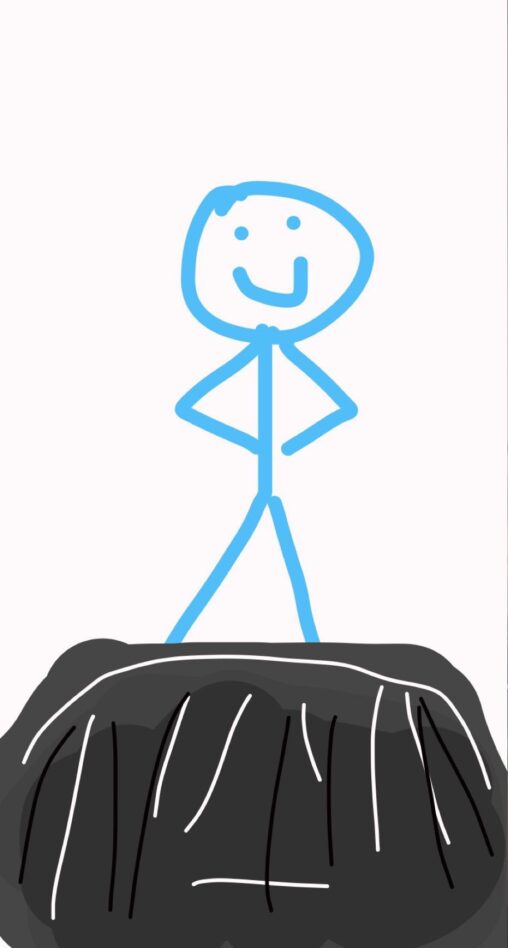 an accomplished and smiling stick figure standing on top of a mountain