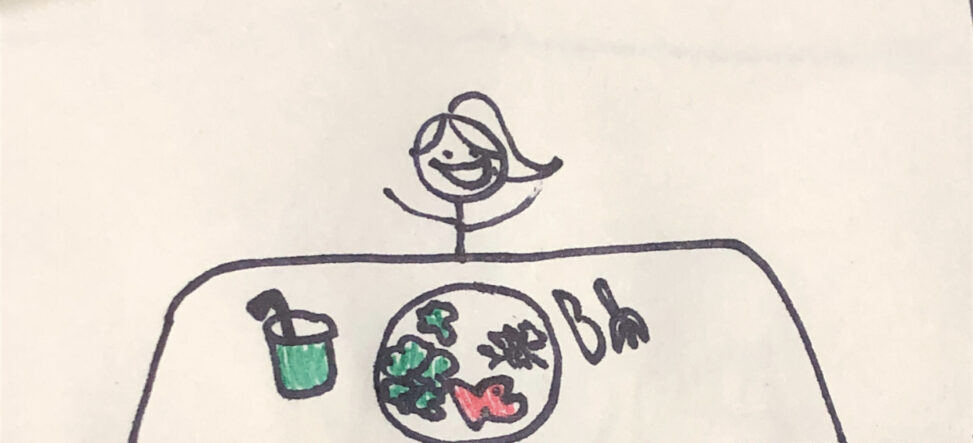 Stick figure girl is eating a healthy meal and has a big smile across her face. On the table is a green juice, broccoli, salmon and rice.