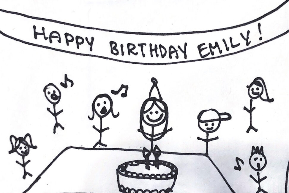 Stick figure girl is celebrating her birthday with friends and cake