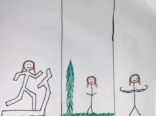 There are three stick figures that are showing how I will continue to run, hike and workout.
