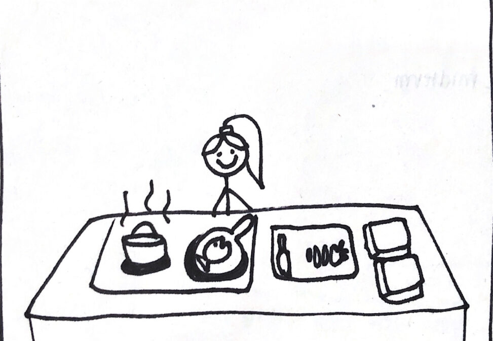 Stick figure girl is cooking in the kitchen meal prepping foods like salmon and carrots