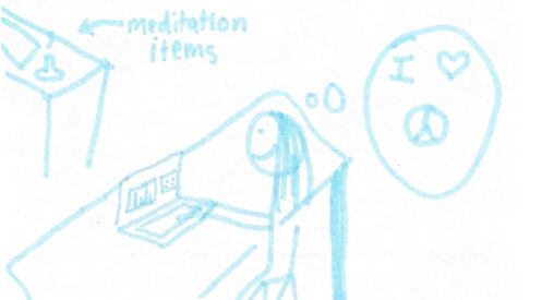 A girl sitting behind her computer looking at data thinking about meditation.