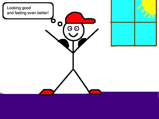 Our hero in the red hat stands on a purple carpet, his red hat and shoes on, he is triumphant and feeling fantastic as the sun beams in from his bedroom window.