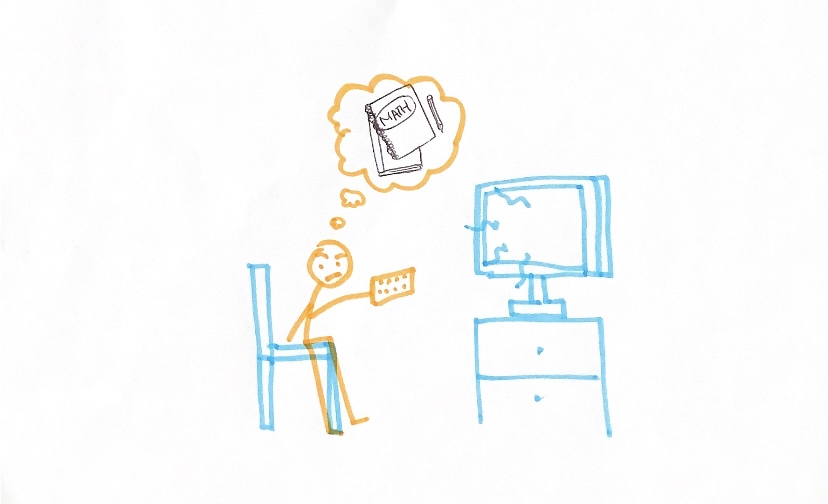 stick figure person is seen sitting on a chair in front of a television. Above the stick figure\\\'s head is a thinking bubble that shows images of notebooks. The stick figure has a stressed and unfocussed expression on their face.