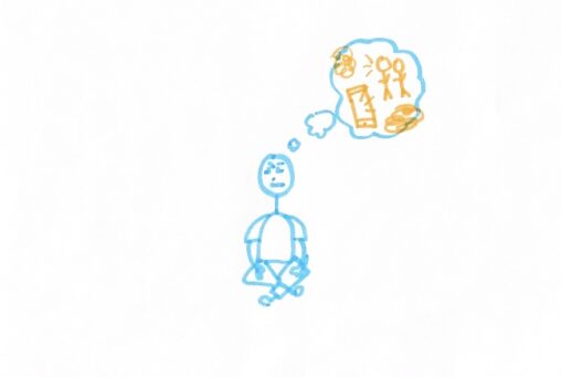 A stick figure is seen sitting cross-legged trying to practice mindfulness meditation. Their facial expression looks a little stressed, frustrated and distracted. The thinking bubble above their head shows a phone and a group of two stick figure friends.