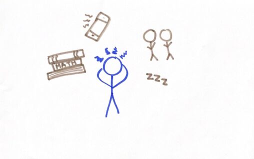A stressed stick figure is surrounded by books, a phone, two stick figures and the letter Zs.