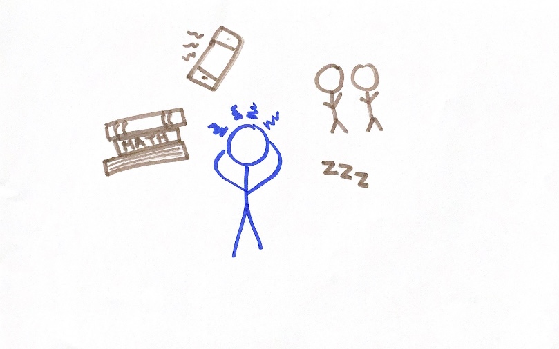 A stressed stick figure is surrounded by books, a phone, two stick figures and the letter Zs.