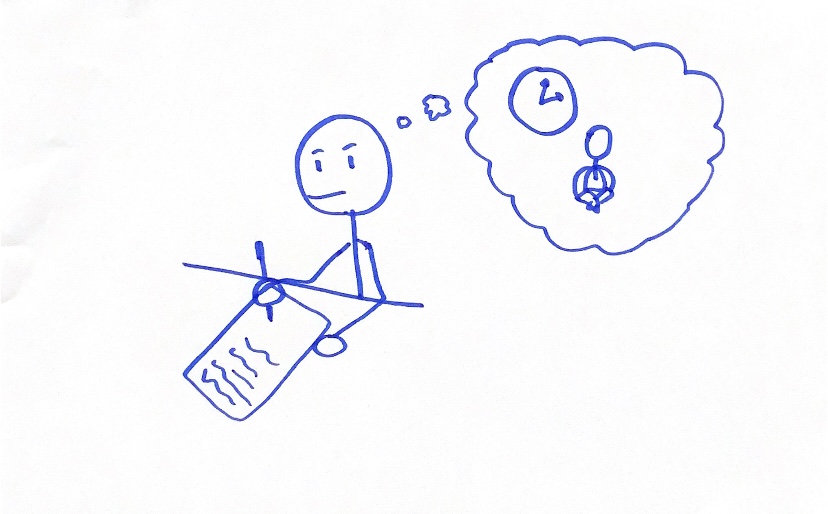A stick figure is seen focussing and wirting on a piece of paper. There is a thinking bubble above their head showing a clock and another stick person sitting cross-legged meditating.
