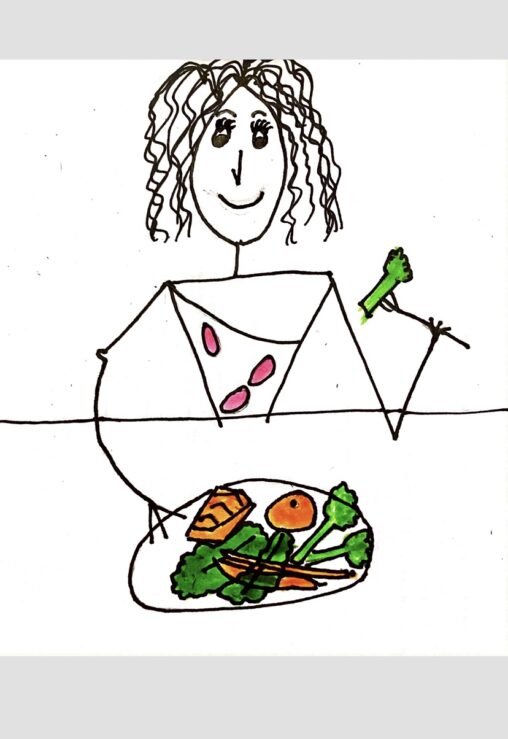 The stick figure in the image is eating boiled vegetables and seems to be very happy