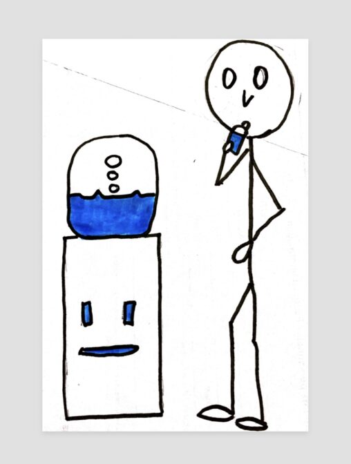 The stick figure in the image is drinking water from a water cooler and trying to be hydrated to get energetic.