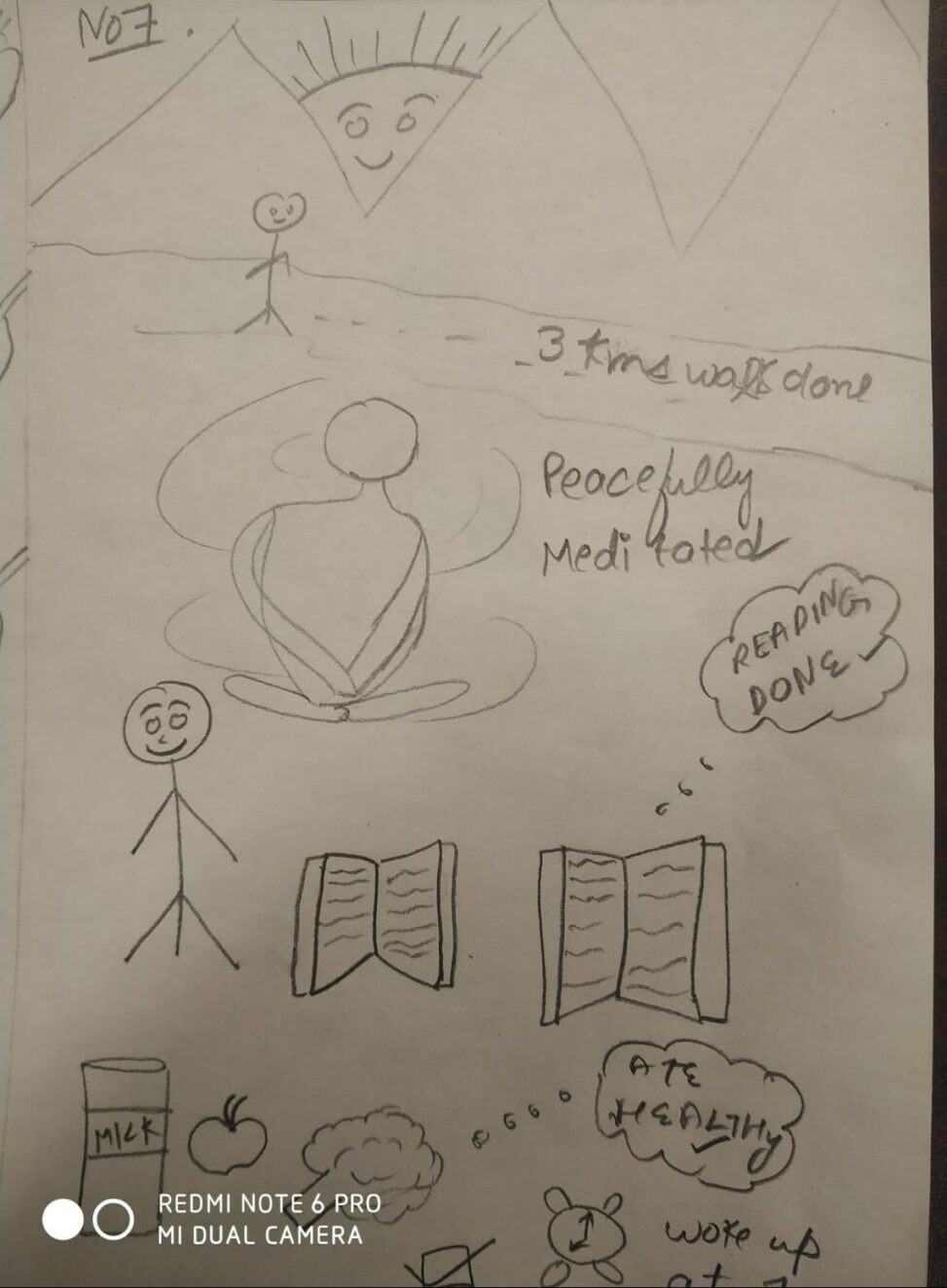 In this comic there stick figure walking on the running track in the peaceful surroundings, doing meditation, reading books and eating healthy foods.