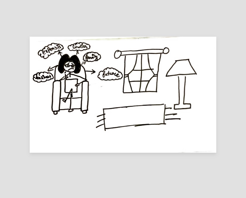 The stick figure in the image is sitting on a chair in a living room with a window and a lamp on the side. And thinking about things such as expenses, life, studies, future and seems to be very tensed.