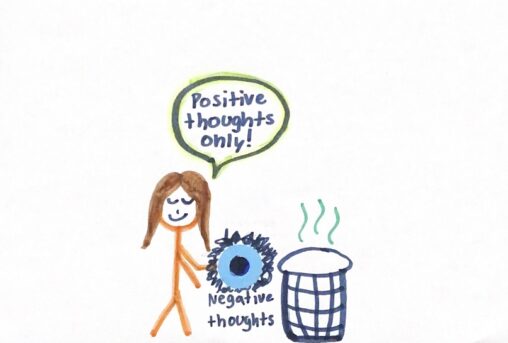 Stick figure person standing beside a trash can, about to throw away her negative thoughts in it.