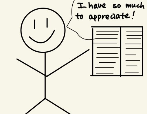 A stick figure with happy face, writing about things she appreciates before going to sleep