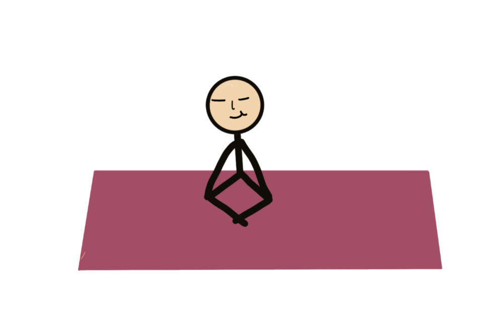 Stick figure sits cross-legged on a hot pink yoga mat. Figure has a happy facial expression with eyes closed.