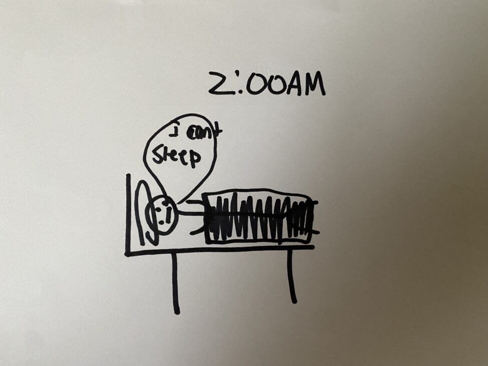 Stick version of me having the worst sleep ever. It was 2:00 AM and I was still wide awake