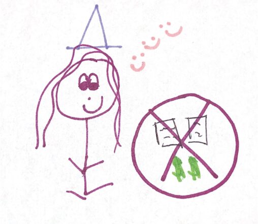 Stick figure girl with a purple triangle birthday hat on is smiling. Papers and money signs are crossed out with a red line.