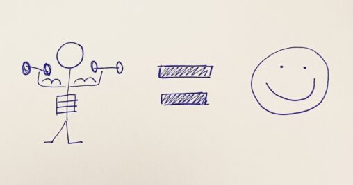 An equal sign is in-between a happy face and a muscular stick figure holding dumbbells