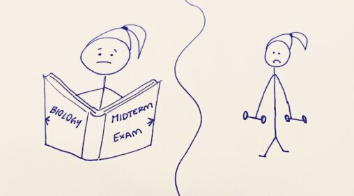 Stick figure holds an open book titled, Biology Midterm Exam. On the other half, a sad stick figure loosely holds a set of dumbbells