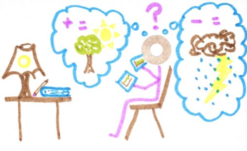 able with lamp, pencil and notebook on the left. Stick figure sitting in chair holding two charts. Thought bubble on left contains “+ =” then a picture of a tree and sunshine. Thought bubble on right contains “- =” and a lightning storm. A question mark is between the two thought bubbles.