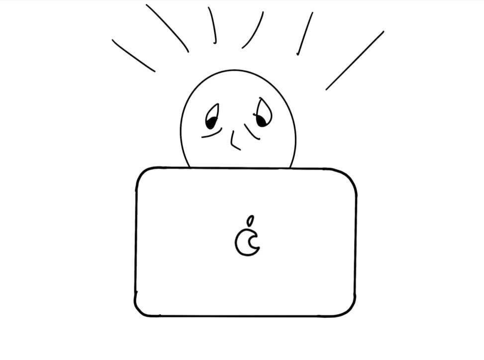 Stick figure style head sticking above a macbook laptop with a worried expression on face and exhaustion lines under eyes. Lines shoot out from above the head.