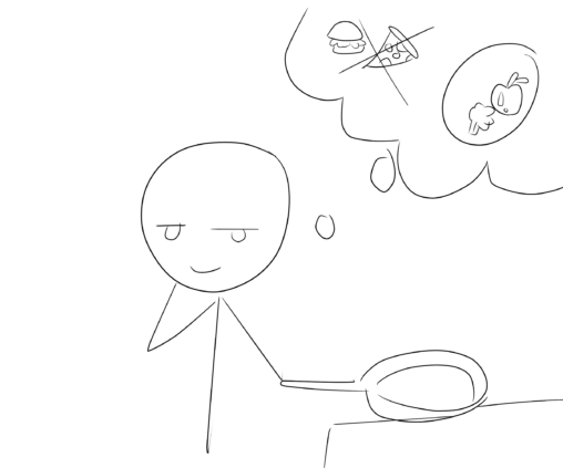 A stick figure is thinking about cooking more and healthier foods.