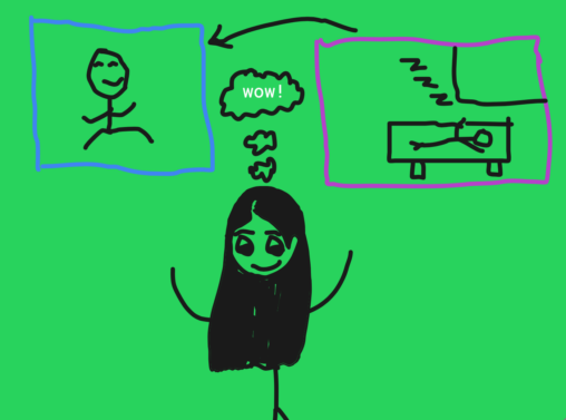A stick figure girl looking at two scenarios where someone is sleeping and someone is being energetic and productive. She is surprised by it