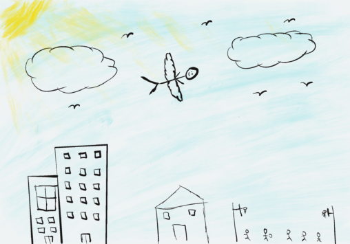 Stick figure with wings flying on top of buildings, houses and basketball court. Bright sunny day with clouds and birds around the stick figure.