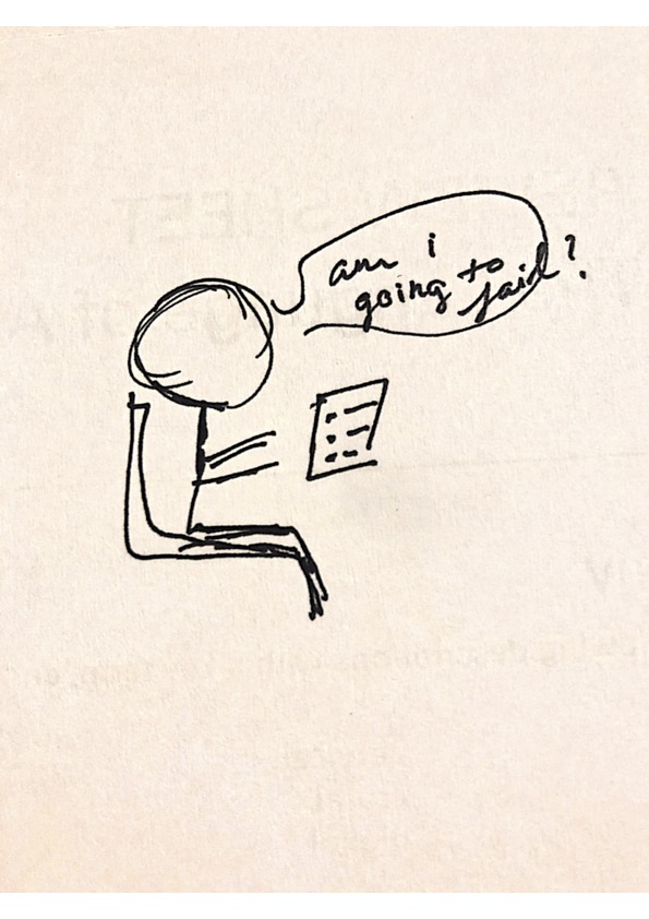 A stick figure looking at a paper.