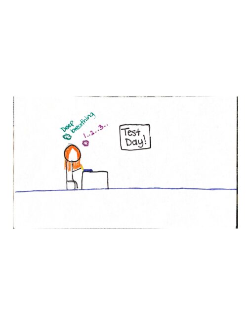 Stick figure is sitting at a desk in a room with a sign that states there is a test that day.