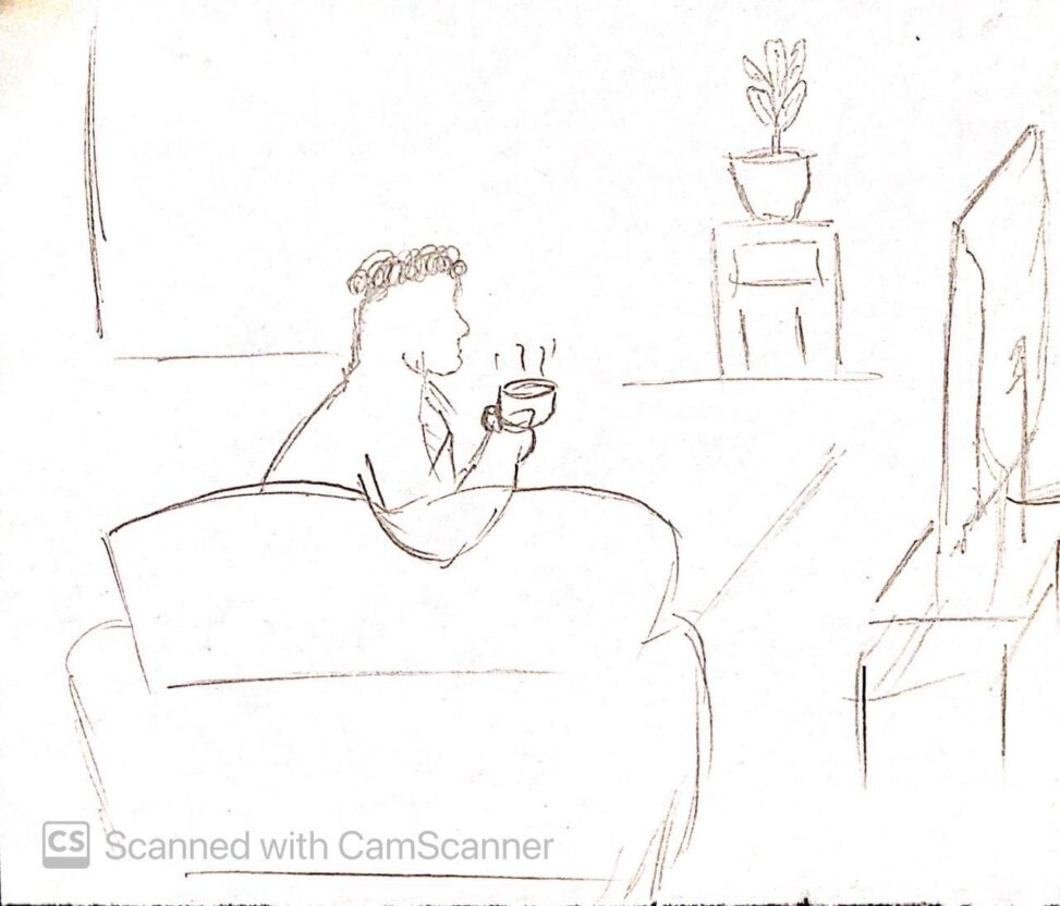 I see a man sitting in a sofa,in his hand he is holding a cup of tea,there is a flower sitting on a drawer in the back. And a tv in front of them.