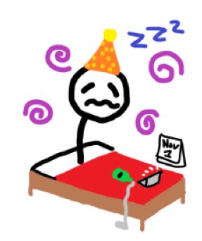 A visual representation of me as a stickman who looks unwell. It is November 1st, with a stickman sitting up in a red bed, with a laptop and a tipped over green bottle on it.