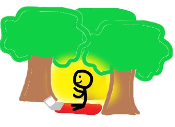 Stickman meditating in the forest. Stickman is sitting on a red mat, with their grey laptop flashing white lights. The stickman is glowing yellow. They are three trees behind the stickman; stickman is staring upwards towards the sky.