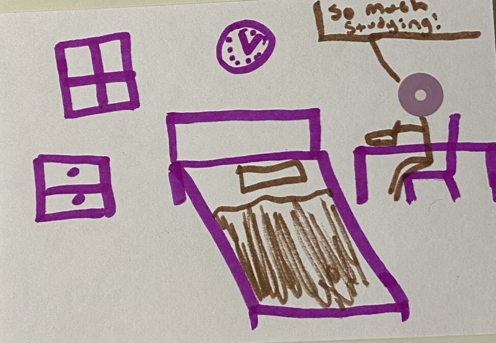 stick figure person staying up too late because of all of his homework